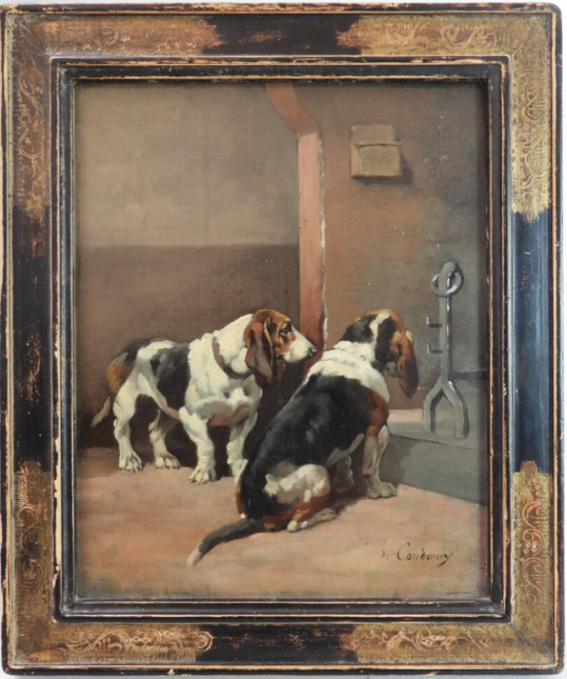 Toile de Charles Fernand de Condamy représentant deux bassets artésiens.